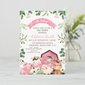 Rosa Blumenfarm und Barn Baby Dusche Einladung (Stehend Vorderseite)