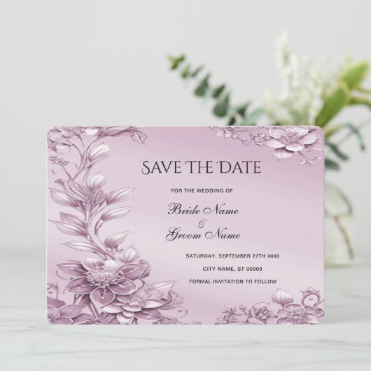 Rosa Blumenfolie Save the Date (Stehend Vorderseite)