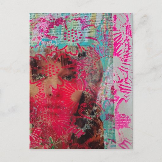 Rosa Blumenfrau Mixed Media Collage Postkarte (Vorderseite)
