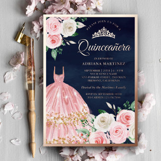 Rosa Blumengarn Quinceanera Navy Rose Gold Folieneinladung