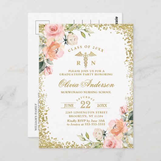 Rosa Blumengarten Abschluss Einladung Postkarte (Vorne/Hinten)