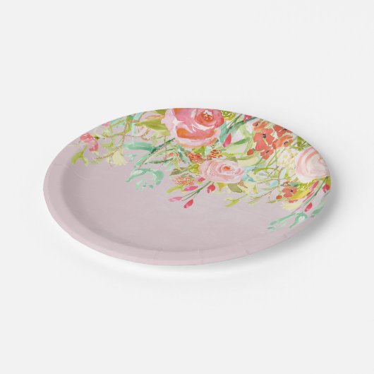 Rosa Blumengarten-Aquarell Pappteller (Schrägansicht)