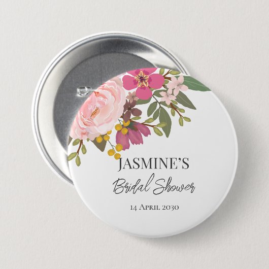 Rosa Blumengarten Frühling Brautparty Button (Vorne & Hinten)