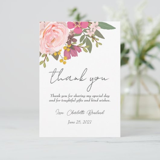 Rosa Blumengarten Frühling Brautparty Dankeskarte (Stehend Vorderseite)