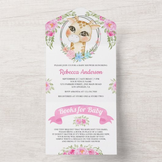 Rosa Blumengarten Giraffe Kinderdusche All In One Einladung (Innen Boden)