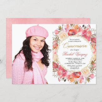 Rosa Blumengarten Quinceanera Foto Einladung