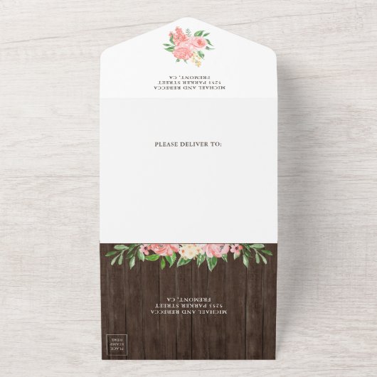 Rosa Blumengarten Rustikale Rose Hochzeit Holz All In One Einladung (Außenbereich)