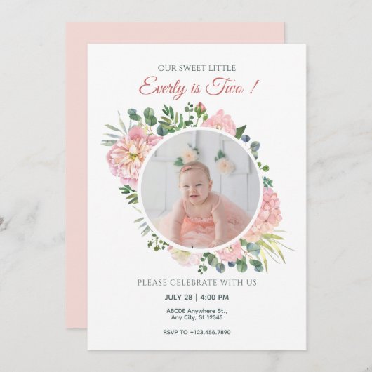 Rosa Blumengebäck Foto Einladung (Vorne/Hinten)