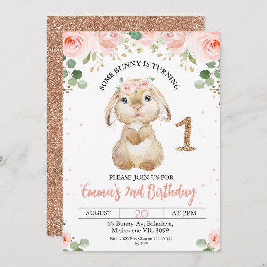 Rosa Blumengebälk 1. Geburtstag Einladung (Vorne/Hinten)
