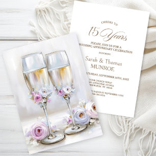 Rosa Blumengekrönte Champagnergläser 15. Hochzeits Einladung