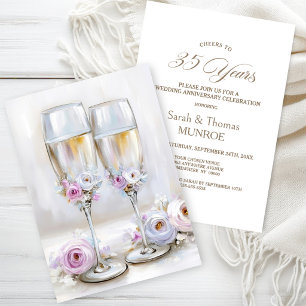 Rosa Blumengekrönte Champagnergläser 35. Hochzeits Einladung
