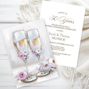 Rosa Blumengekrönte Champagnergläser 50. Hochzeits Einladung