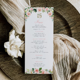 Rosa Blumengerichte Quinceñera Menü Rosa Rose Gold Menükarte