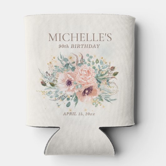 Rosa Blumengeschoss Grüne Blätter Glitzer Geburtst Dosenkühler (Rückseite)