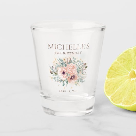 Rosa Blumengeschoss Grüne Blätter Glitzer Geburtst Schnapsglas (Vorderseite)
