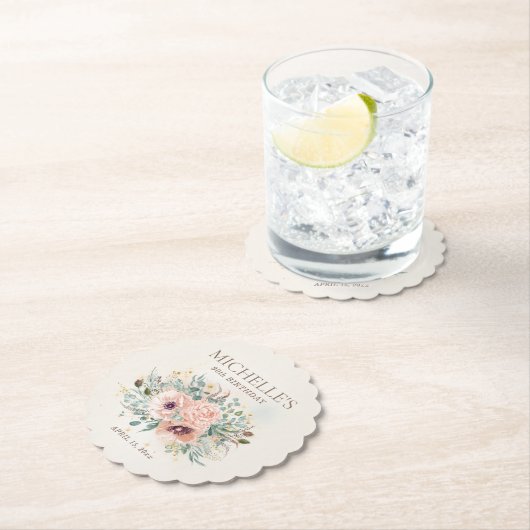 Rosa Blumengeschoss Grüne Blätter Glitzer Geburtst Untersetzer (Vor Ort)