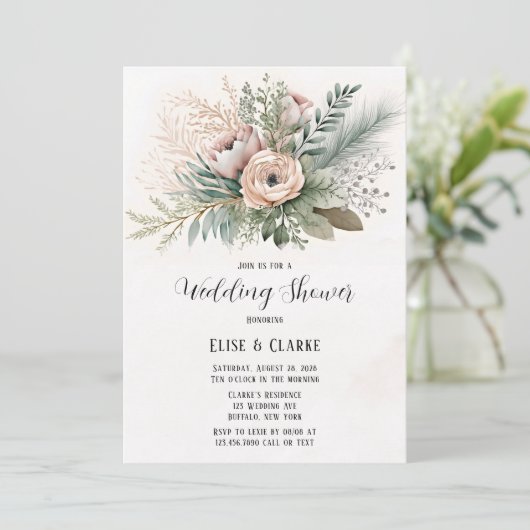 Rosa Blumengeschoss Grüne Polterabend Einladung (Stehend Vorderseite)