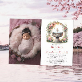 Rosa Blumengestein Elegantes Cross Baptisse Foto Einladung