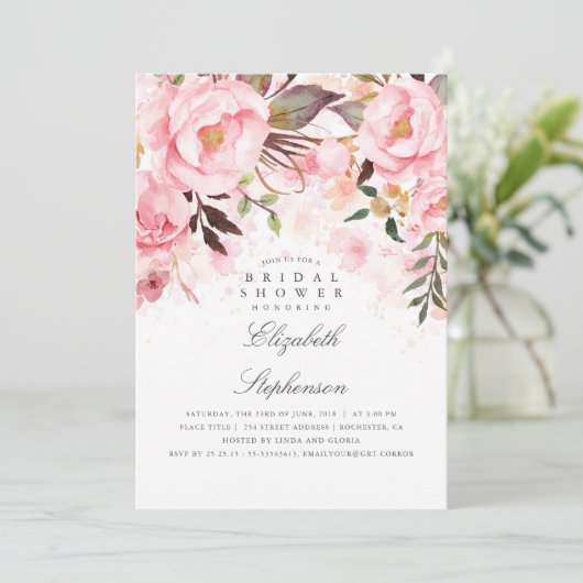 Rosa Blumengestein und Modernes Brautparty Einladung (Stehend Vorderseite)