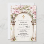 Rosa Blumengestelle Bogen beige Mädchen Taufe Einladung (Vorderseite)