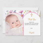 Rosa Blumengestelle Foto Bogenmädchen Taufe Dankeskarte (Vorderseite)