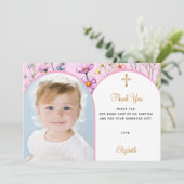 Rosa Blumengestelle Foto Bogenmädchen Taufe Dankeskarte (Stehend Vorderseite)
