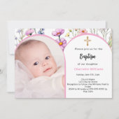 Rosa Blumengestelle Foto Bogenmädchen Taufe Einladung (Vorderseite)