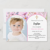Rosa Blumengestelle Foto Bogenmädchen Taufe Einladung (Vorderseite)