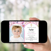 Rosa Blumengestelle Foto Bogenmädchen Taufe Einladung