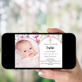 Rosa Blumengestelle Foto Bogenmädchen Taufe Einladung