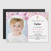 Rosa Blumengestelle Foto Bogenmädchen Taufe Magneteinladung (Vorne/Hinten)