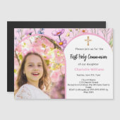 Rosa Blumengestelle Foto Mädchen Erste Heilige Kom Magneteinladung (Vorne/Hinten)