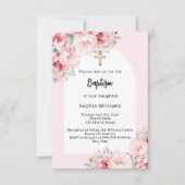 Rosa Blumengestelle Gewölbe Gold Cross Girl Taufe Einladung (Vorderseite)