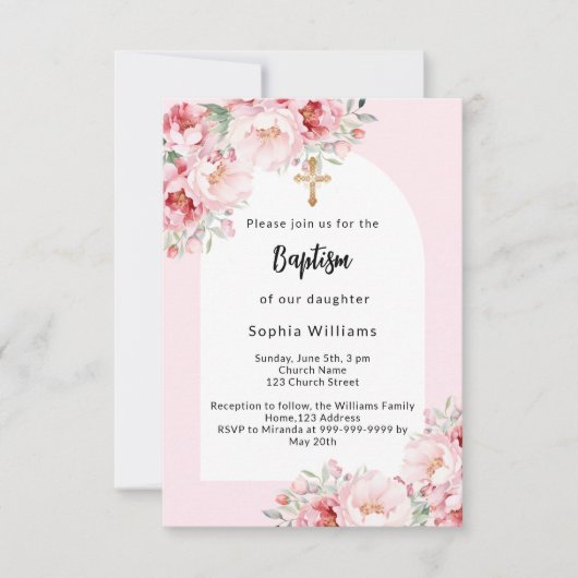 Rosa Blumengestelle Gewölbe Gold Cross Girl Taufe Einladung (Vorderseite)