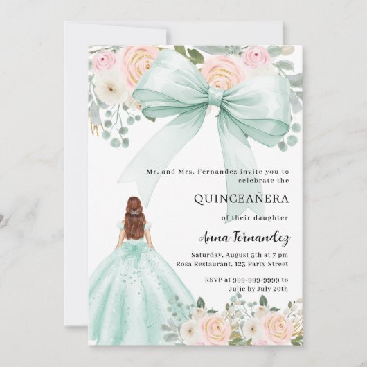 Rosa Blumengestelle in der Form eines grünen Bogen Einladung (Vorderseite)