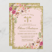 Rosa Blumengold Glitzer Abschluss der Krankenpfleg Einladung (Vorne/Hinten)