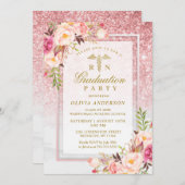 Rosa Blumengold Glitzer Abschluss der Krankenpfleg Einladung (Vorne/Hinten)