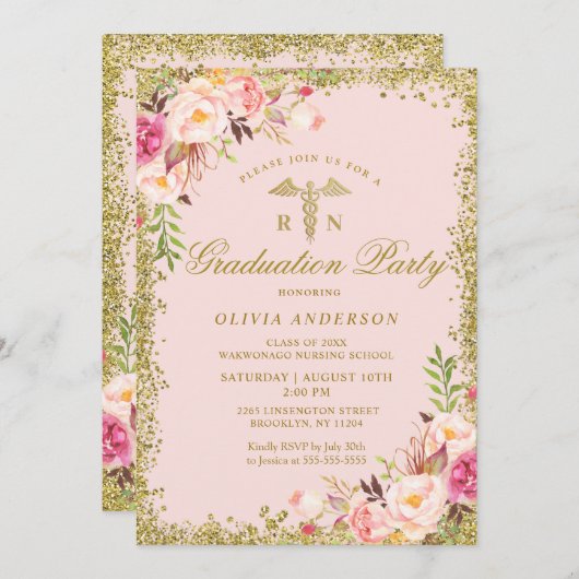 Rosa Blumengold Glitzer Abschluss der Krankenpfleg Einladung (Vorne/Hinten)