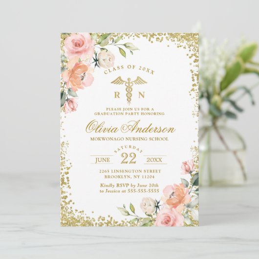 Rosa Blumengold Glitzer Abschluss der Krankenpfleg Einladung (Stehend Vorderseite)