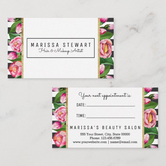 Rosa Blumengold Stripes Terminkarte (Vorne/Hinten)