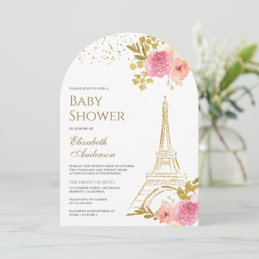 Rosa Blumengoldbraun, Eiffelturm Arch Babydusche Einladung (Stehend Vorderseite)