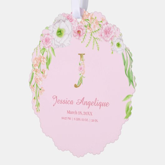 Rosa Blumengoldbrief "J" Monogram Birth States Ornament Karte (Links)