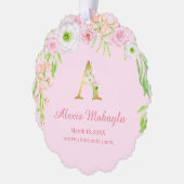 Rosa Blumengoldbuchstabe "A" Monogram Birth States Ornament Karte (Links)