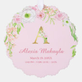 Rosa Blumengoldbuchstabe "A" Monogram Birth States Ornament Karte (Vorderseite)