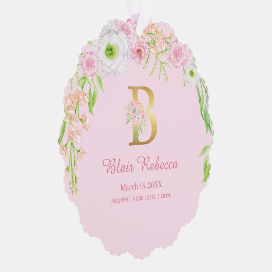 Rosa Blumengoldbuchstabe "B" Monogram Birth States Ornament Karte (Rechts)