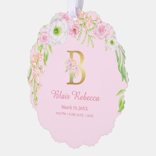 Rosa Blumengoldbuchstabe "B" Monogram Birth States Ornament Karte (Links)