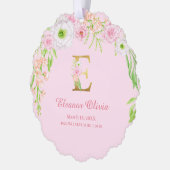 Rosa Blumengoldbuchstabe "E" Monogram Birth States Ornament Karte (Links)