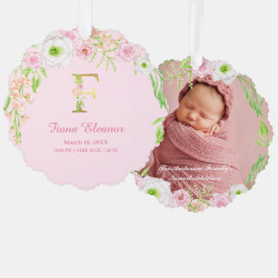 Rosa Blumengoldbuchstabe "F" Monogram Birth States Ornament Karte