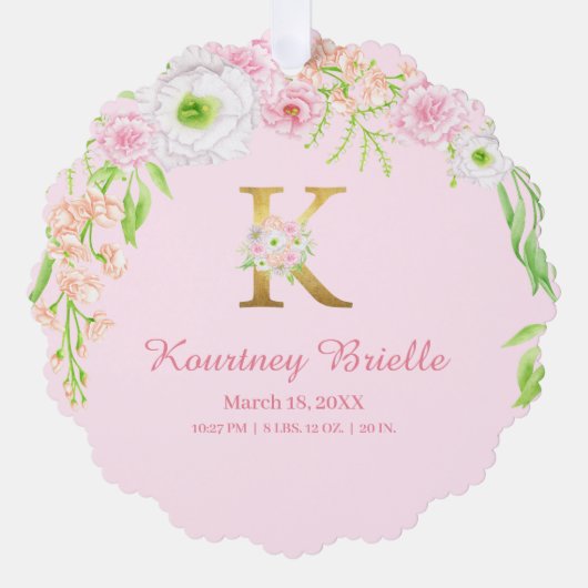 Rosa Blumengoldbuchstabe "K" Monogram Birth States Ornament Karte (Vorderseite)