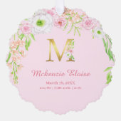 Rosa Blumengoldbuchstabe "M" Monogram Birth States Ornament Karte (Vorderseite)